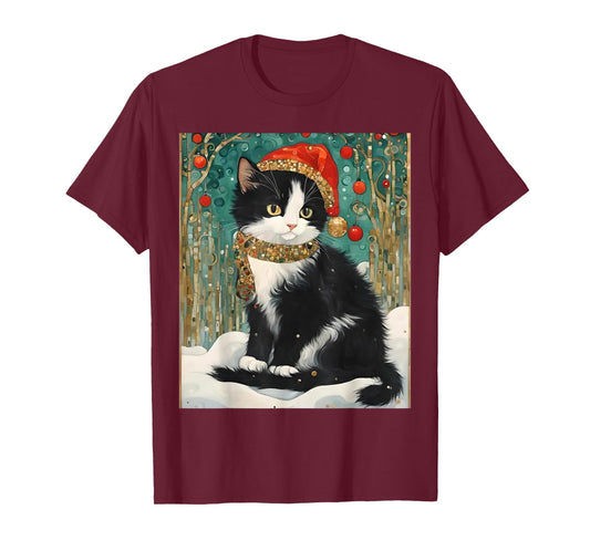 Cottagecore Tuxedo Cat Funny Xmas Aesthetic Santa Hat Cats Men Women Kids T-Shirt