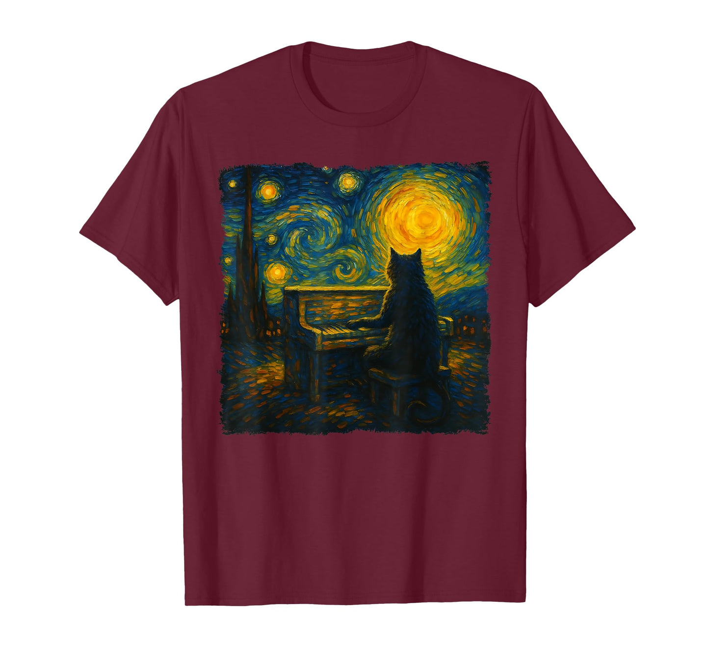 Funny Black Cat Playing Piano Starry Night Vincent Van Gogh T-Shirt