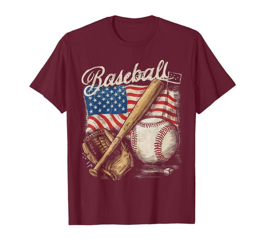 American Flag Baseball Player Bat Fan Catcher Pitcher USA T-Shirt