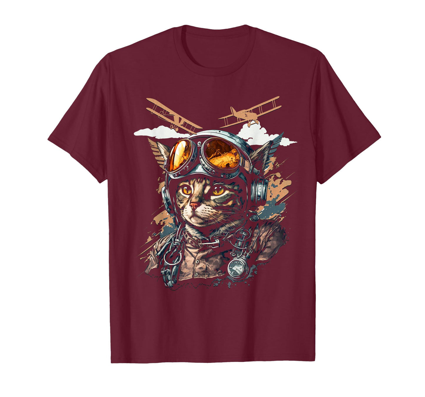 Funny Vintage Cat Airplane Pilot T-Shirt for Men Women Kids