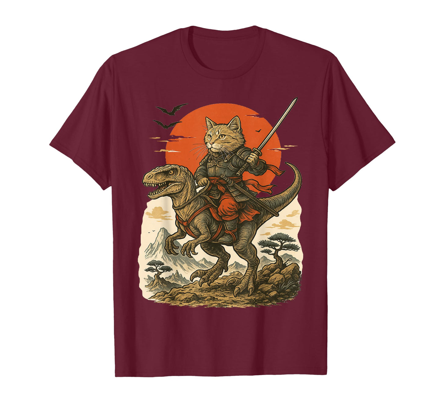 Samurai Cat Riding Raptor – Japanese Fantasy Warrior T-Shirt