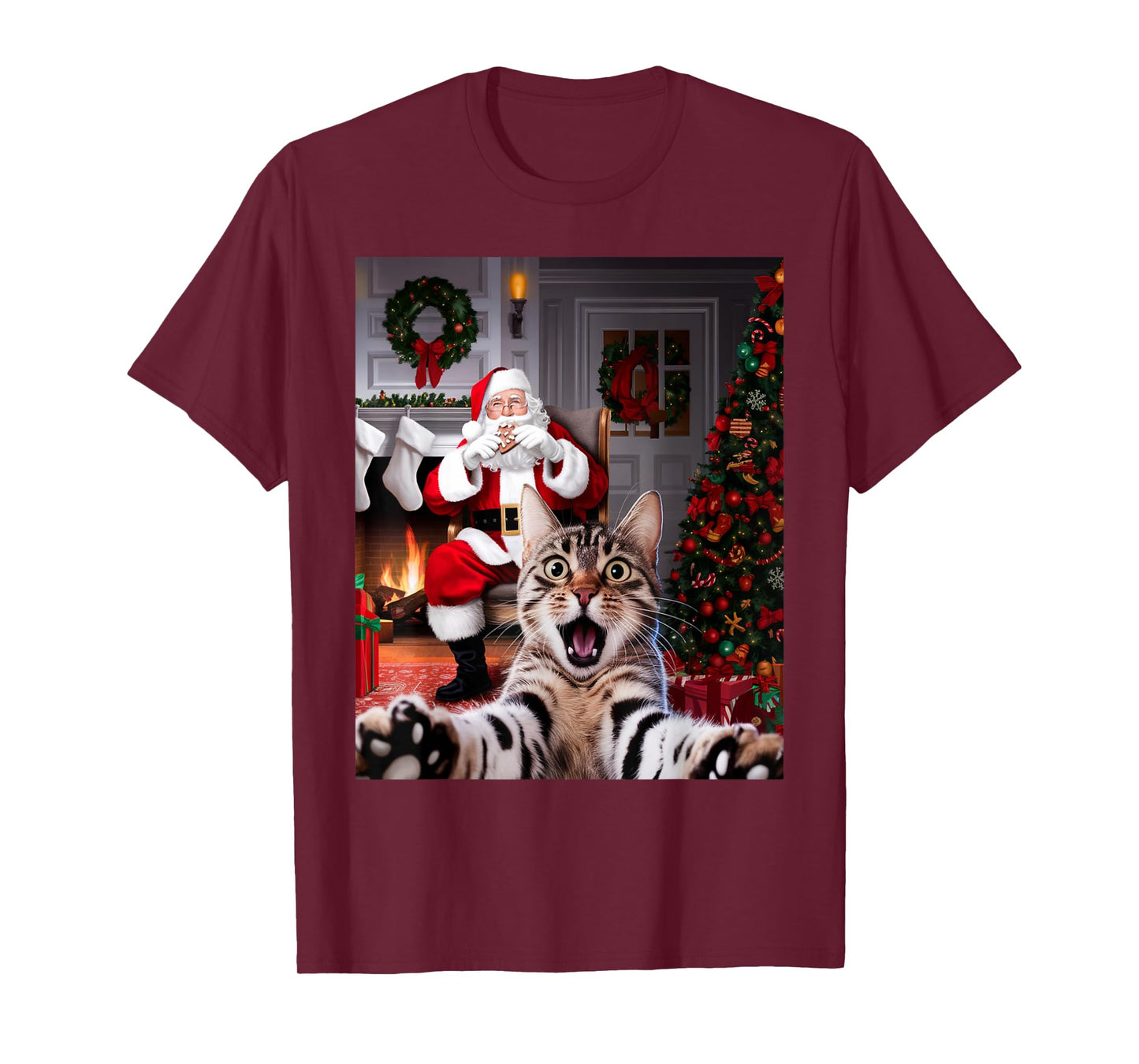 Christmas Funny Cat Selfie with Santa Claus Cute Holiday T-Shirt for Men Women Kids