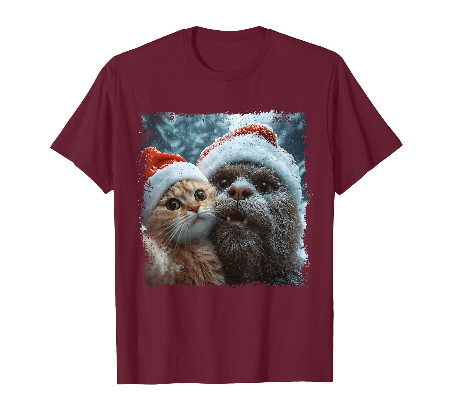 Funny Bigfoot and Cat Christmas Selfie Design T-Shirt