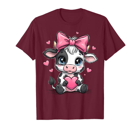 Awesome Black & White Cow Holding Heart Pink Coquette Bow T-Shirt