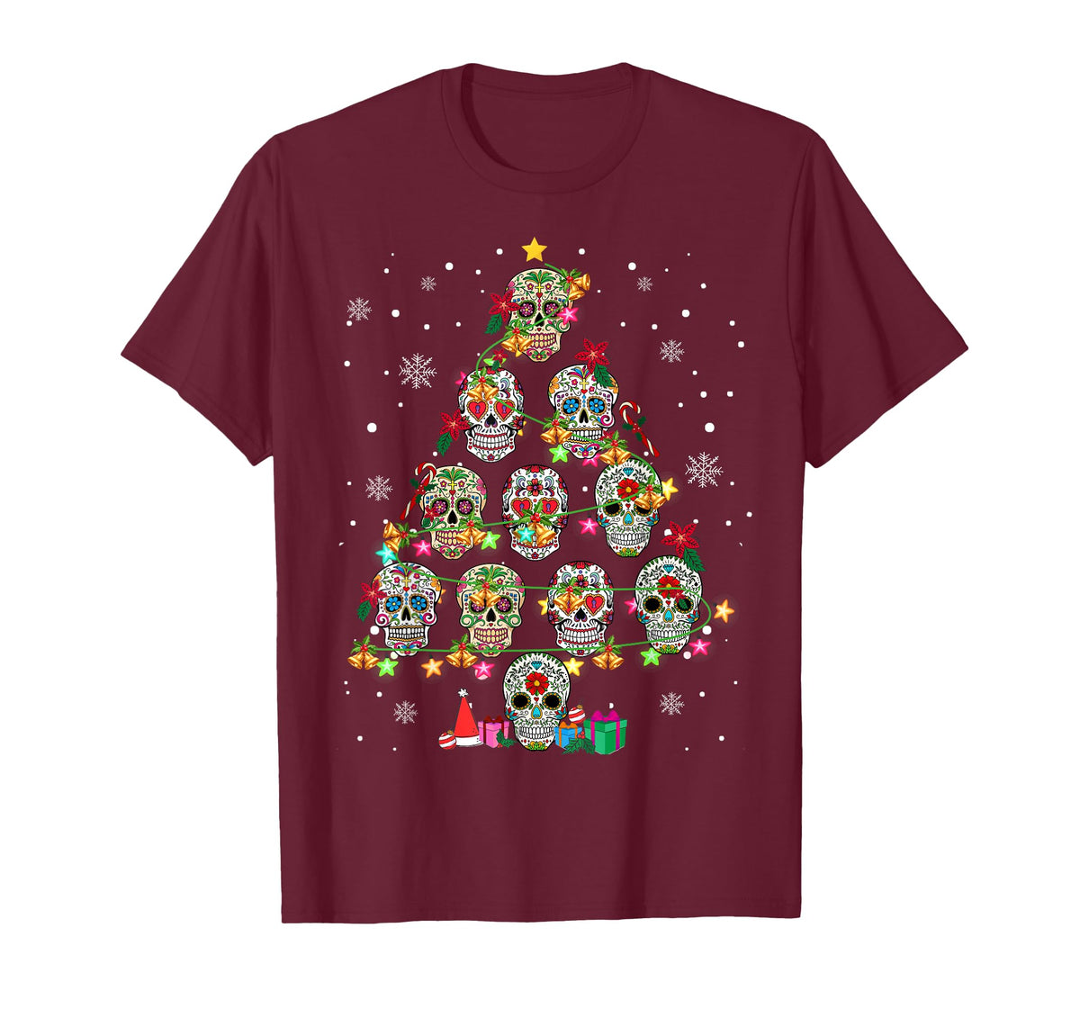 Skull Christmas Tree Funny Mexican Flower Sugar Skull T-Shirt