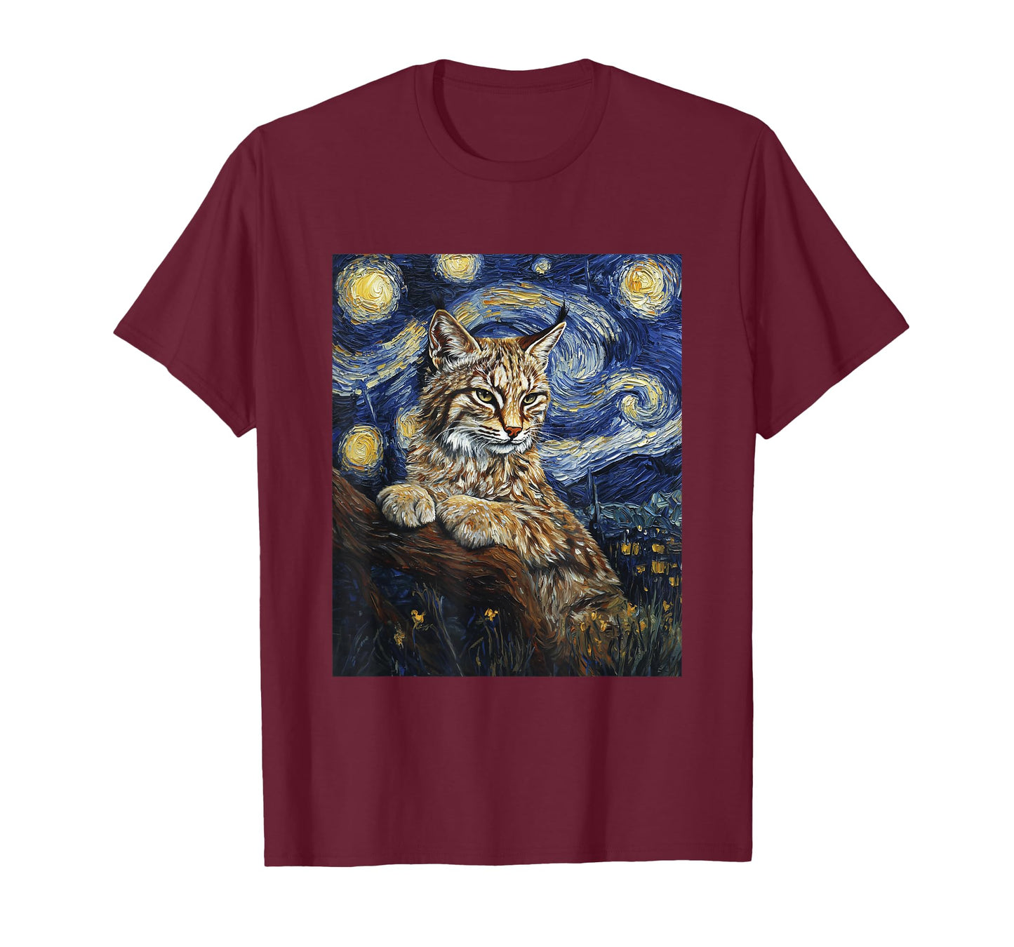 Cute Bobcat Graphic - Van Gogh Style - Starry Night T-Shirt
