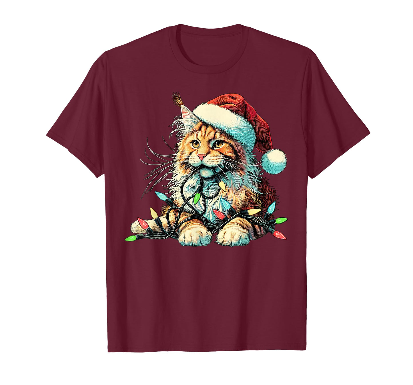 Maine Coon Cat Chew Christmas Light Xmas Holiday Funny Cute T-Shirt