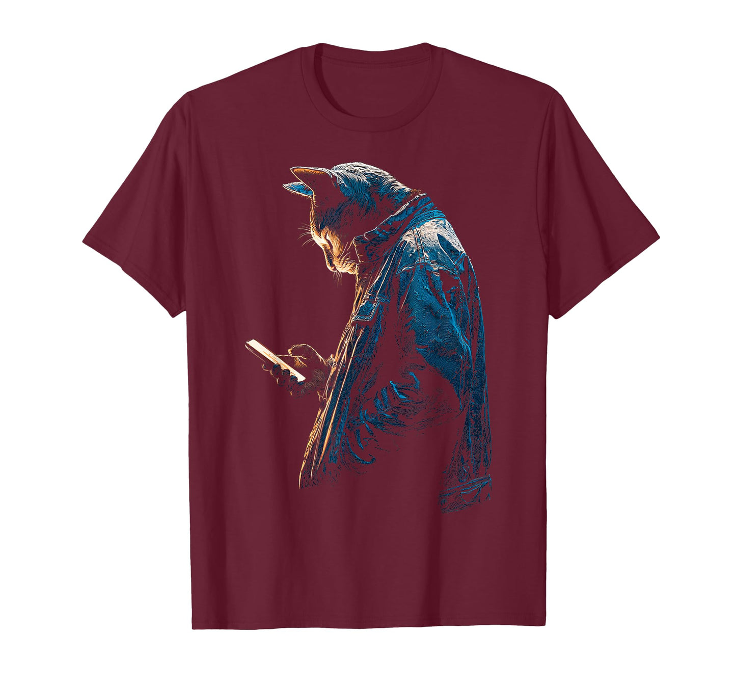 Cat Holds Cellphone Wandering Graphic Animal Artwork Cat T-Shirt
