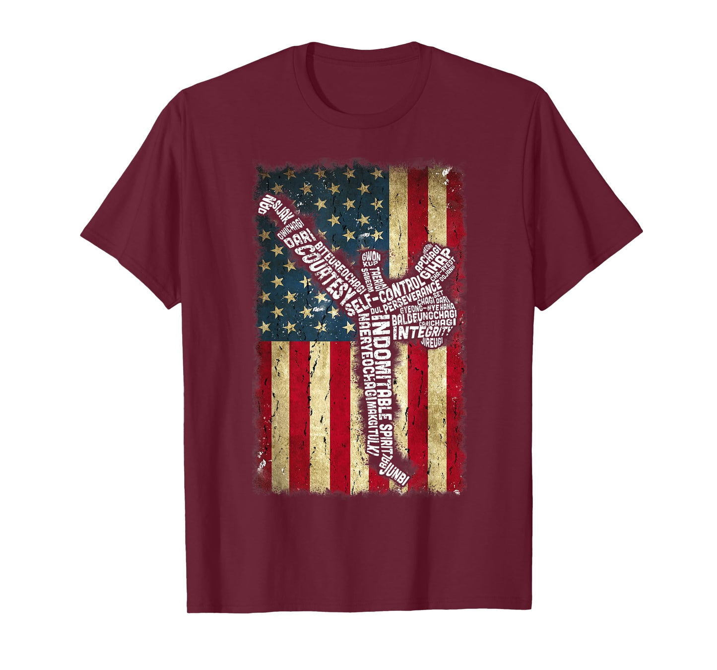 USA Flag Taekwondo Fighter 5 Tenets Of TKD Typography T-Shirt