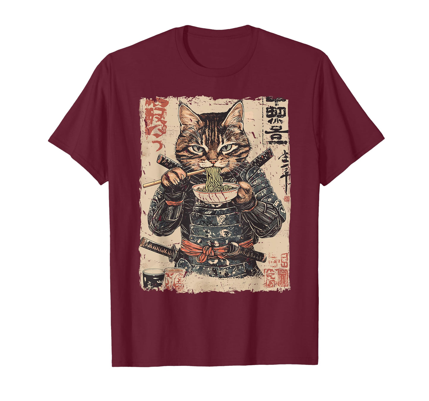 Samurai Cat Loves Ramen Funny Anime Japanese Artwork Samurai T-Shirt