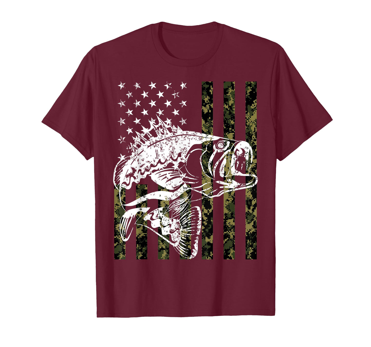 Fishing, Camouflage American Flag Fish, Bass Fish Fisherman T-Shirt Small