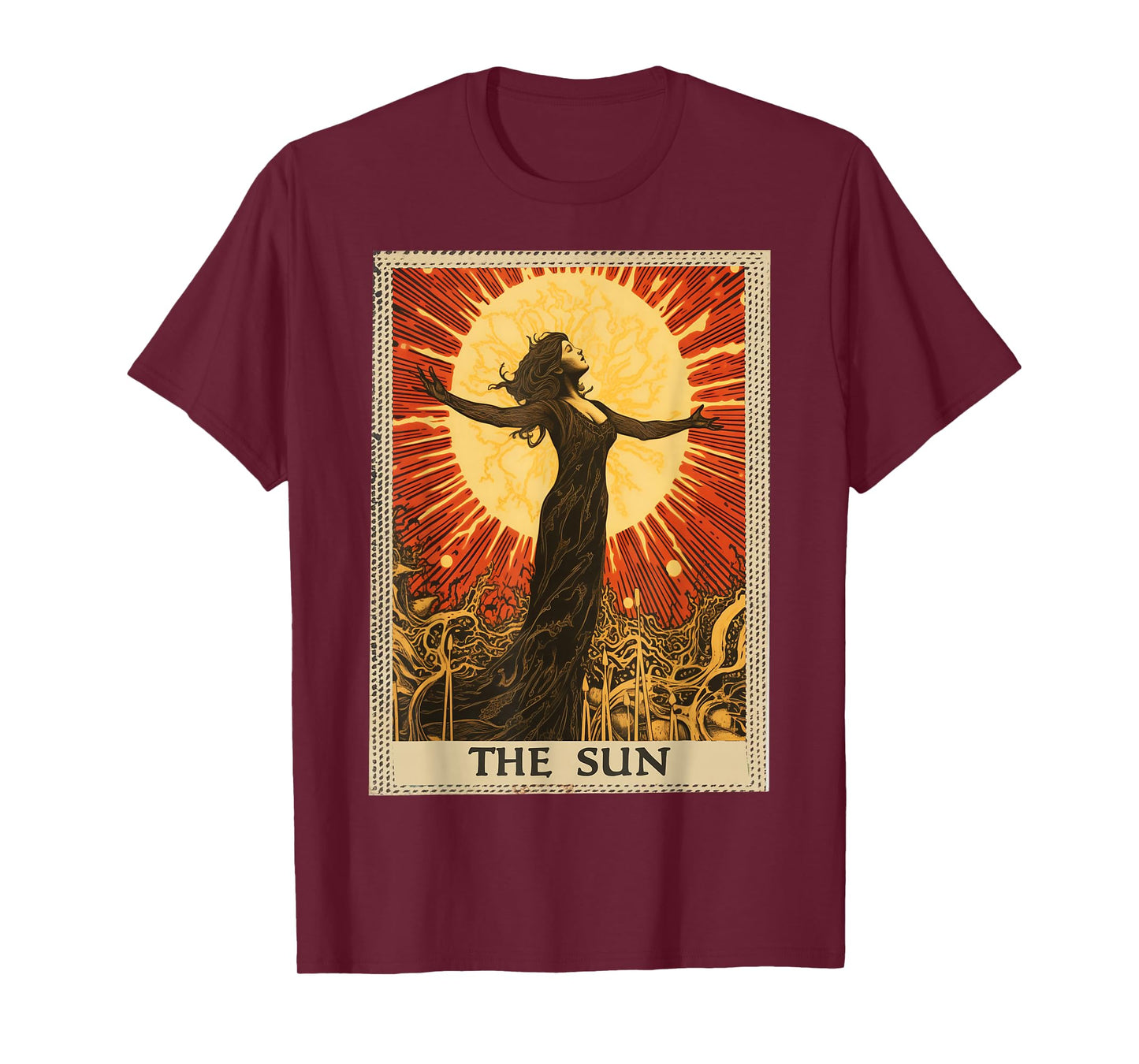 FoolsFate Vintage Tarot Card The Sun T-Shirt - Black, Unisex-Adults, Unisex-Kids, Short Sleeve, Small, Regular Fit, Crew Neck, All Seasons
