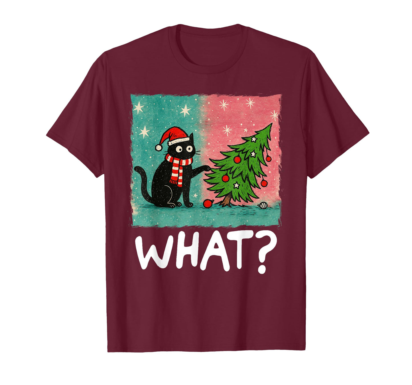 Funny Black Cat Gift Pushing Christmas Tree Over Cat What? T-Shirt