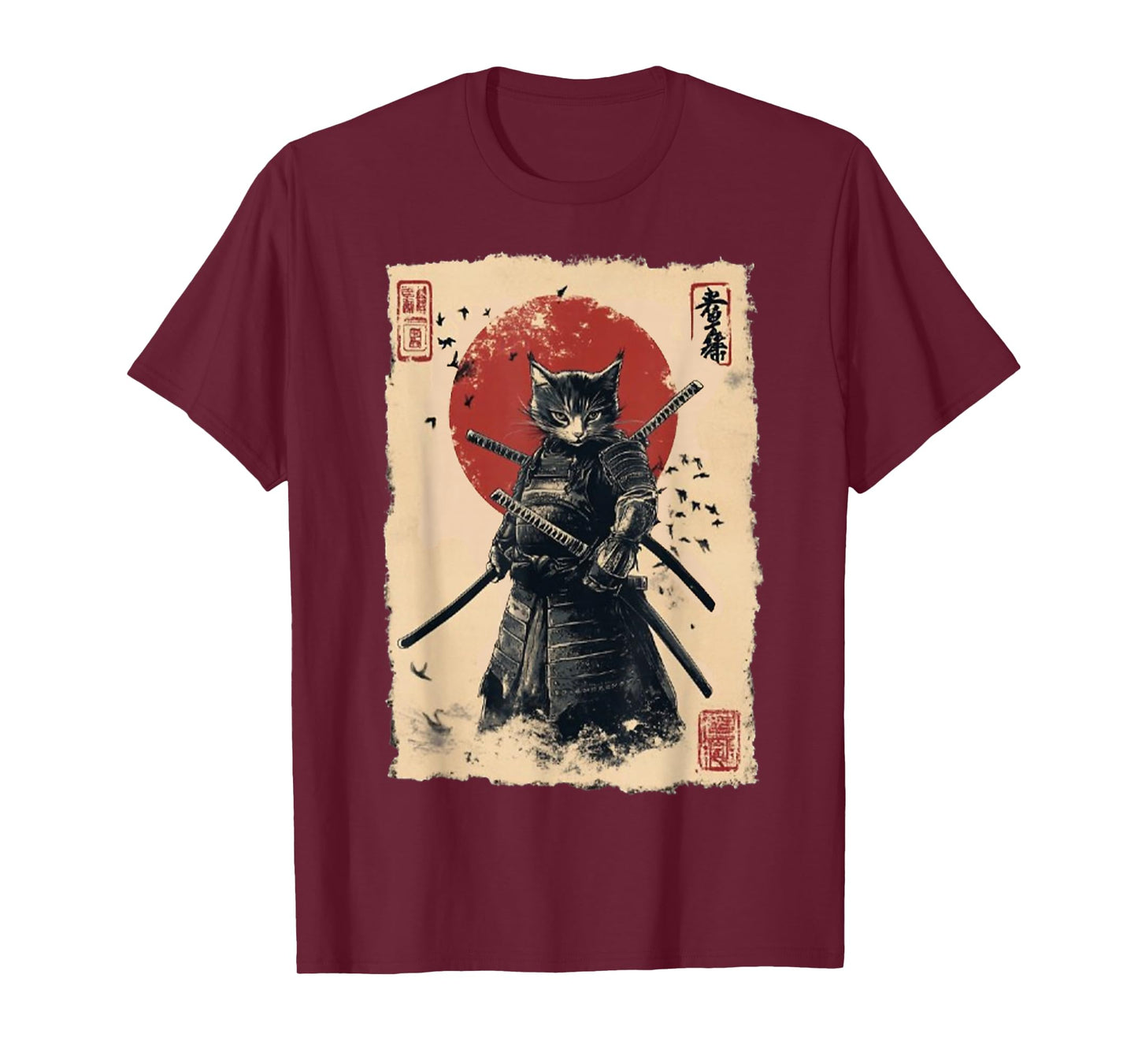 Vintage Japanese Art Anime Graphic Samurai cat Warrior T-Shirt