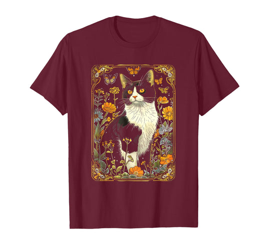 Cottagecore Aesthetic Cat Butterflies Flowers Garden Women T-Shirt