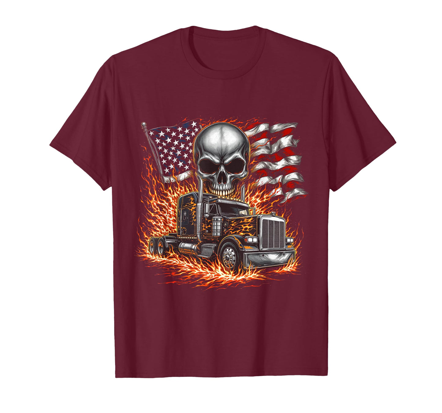 Trucker Patriotic American Flag Semi Truck Driver Skull T-Shirt