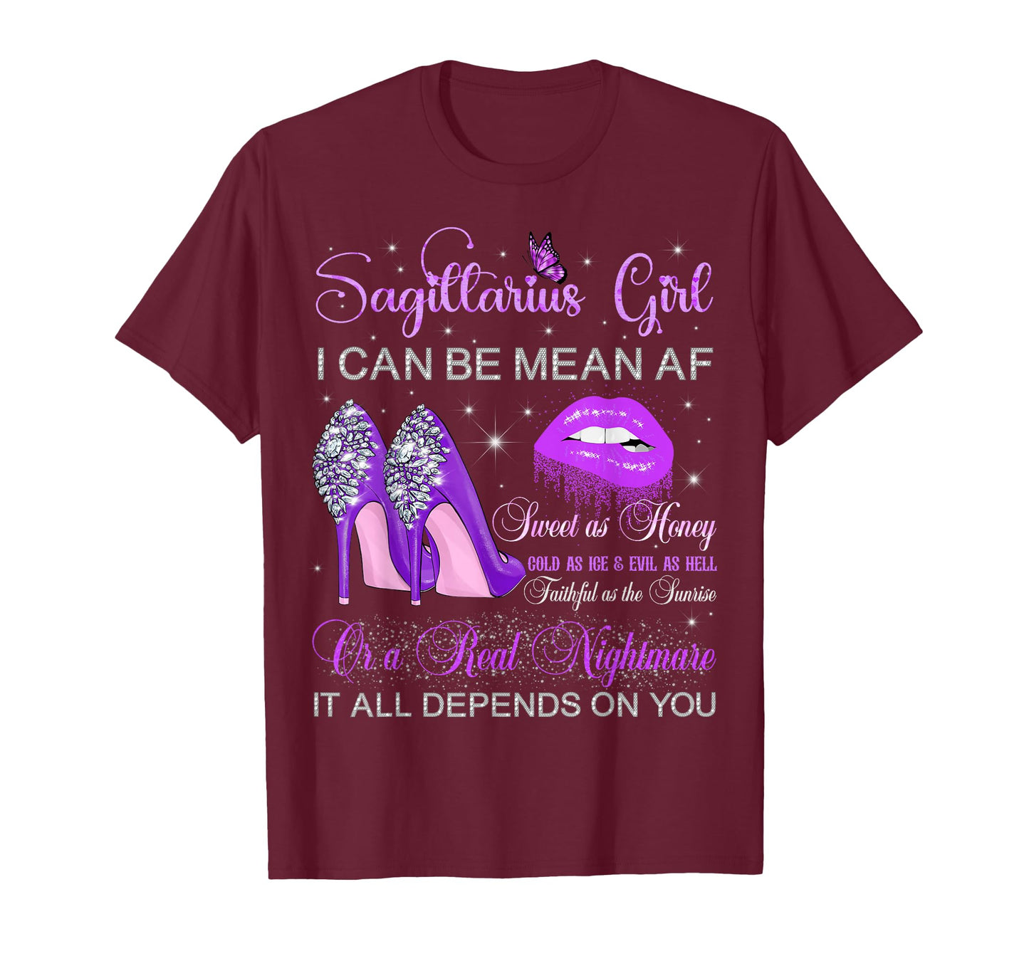 Sagittarius Girl Birthday Purple High Heels Dripping Lips T-Shirt