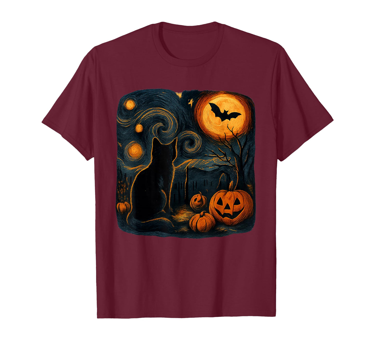 Halloween Black Cat Van Gogh Starry Night Cat Lovers Cat T-Shirt