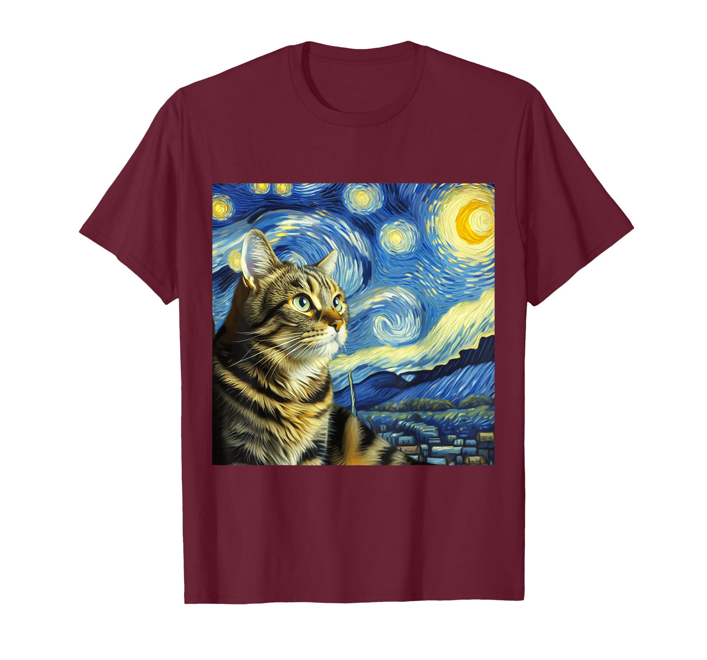 Funny Cat Lover Starry Night Van Gogh Grey Tabby Tiger Cat T-Shirt