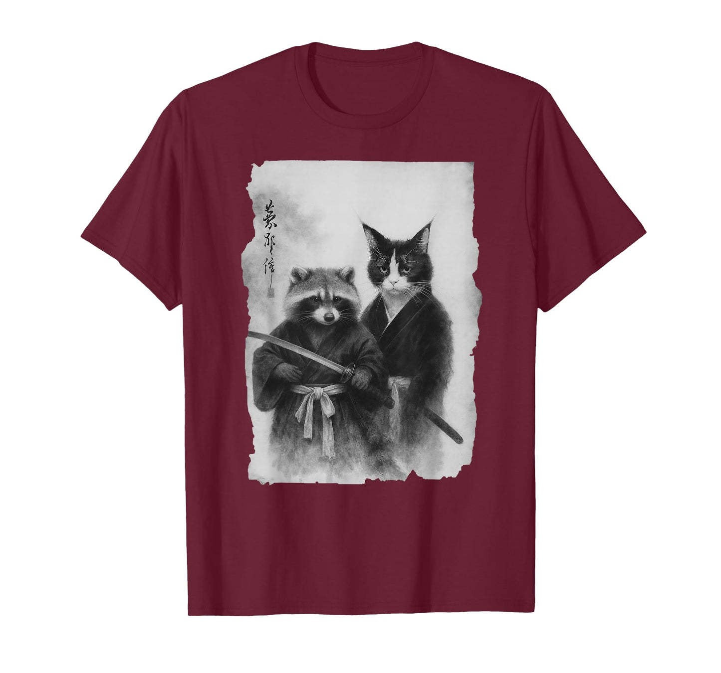 Samurai Cat and Raccoon Vintage Ukiyo-e Warrior Art Graphic T-Shirt