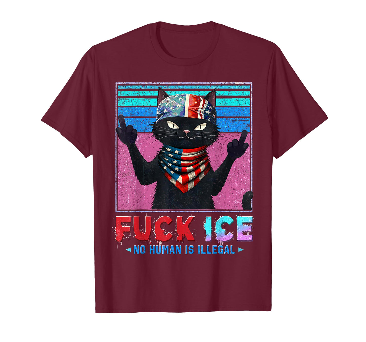 FCK ICE Distressed Funny Black Cat Humorous T-Shirt