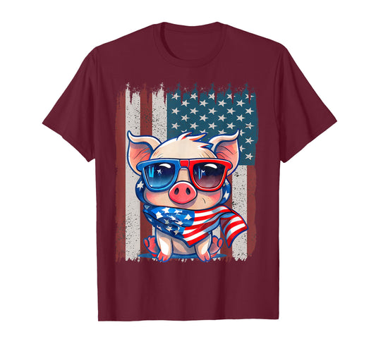 Retro American Flag Pig Dad Mom 4th of July T-Shirt