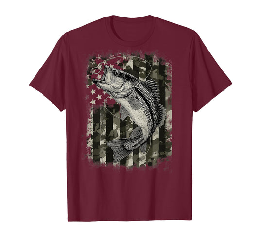 Camouflage American Flag Fisherman Bass Fishing (On Back) T-Shirt