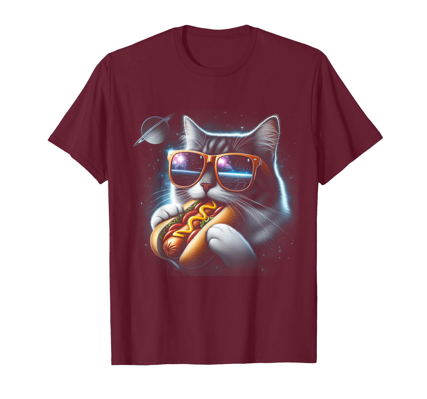 Funny Cat Eating Hotdog in Space Kitty Space Galaxy T-Shirt