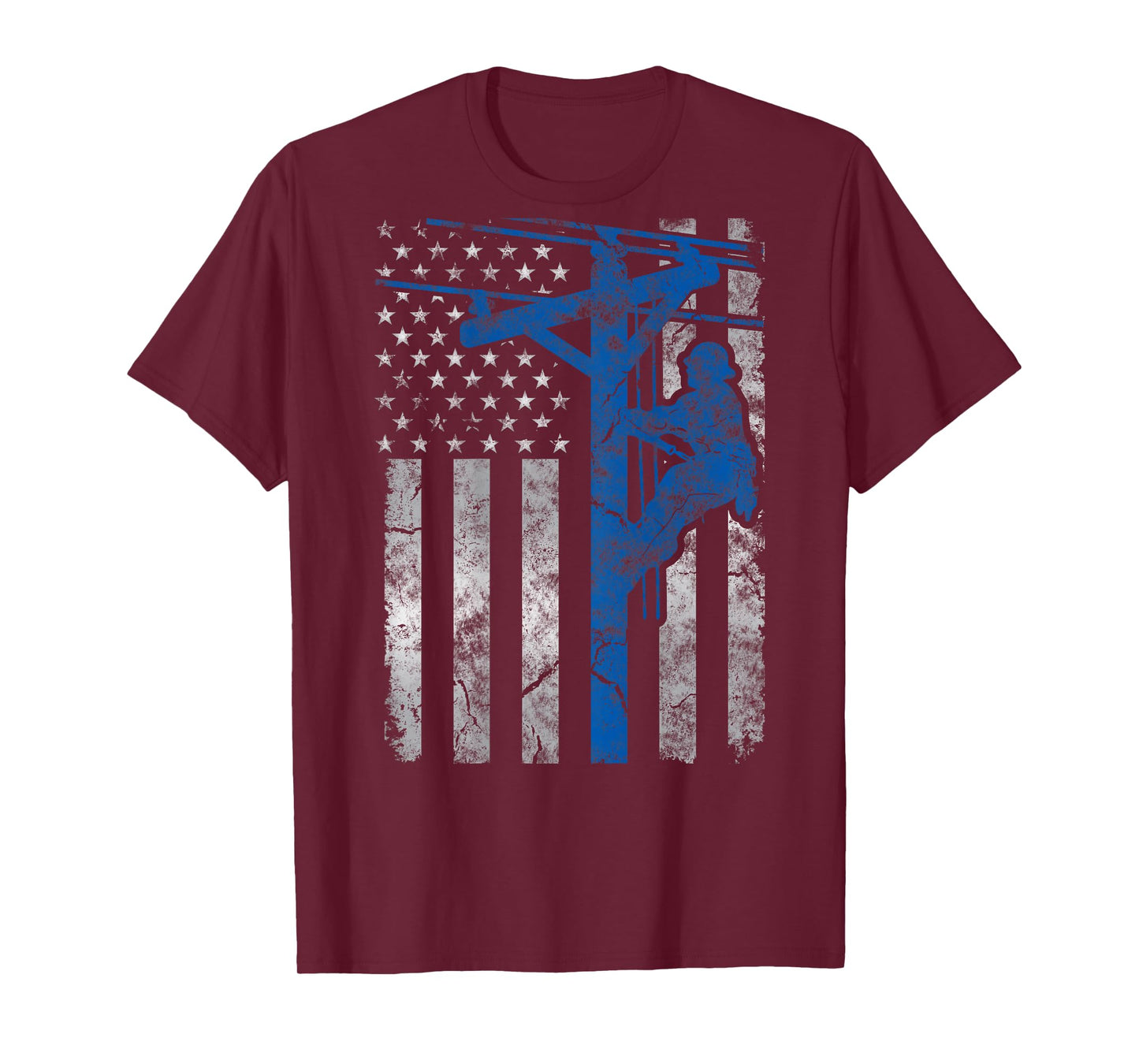 Distressed Patriotic Thin Blue Line Lineman American Flag T-Shirt