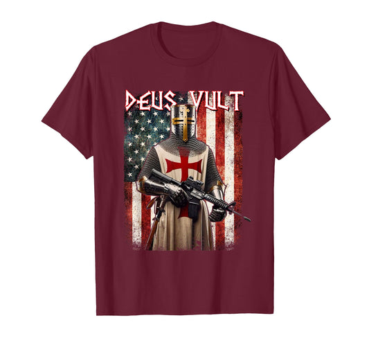 Deus Vult Medieval Knight Templar American Flag Crusader T-Shirt