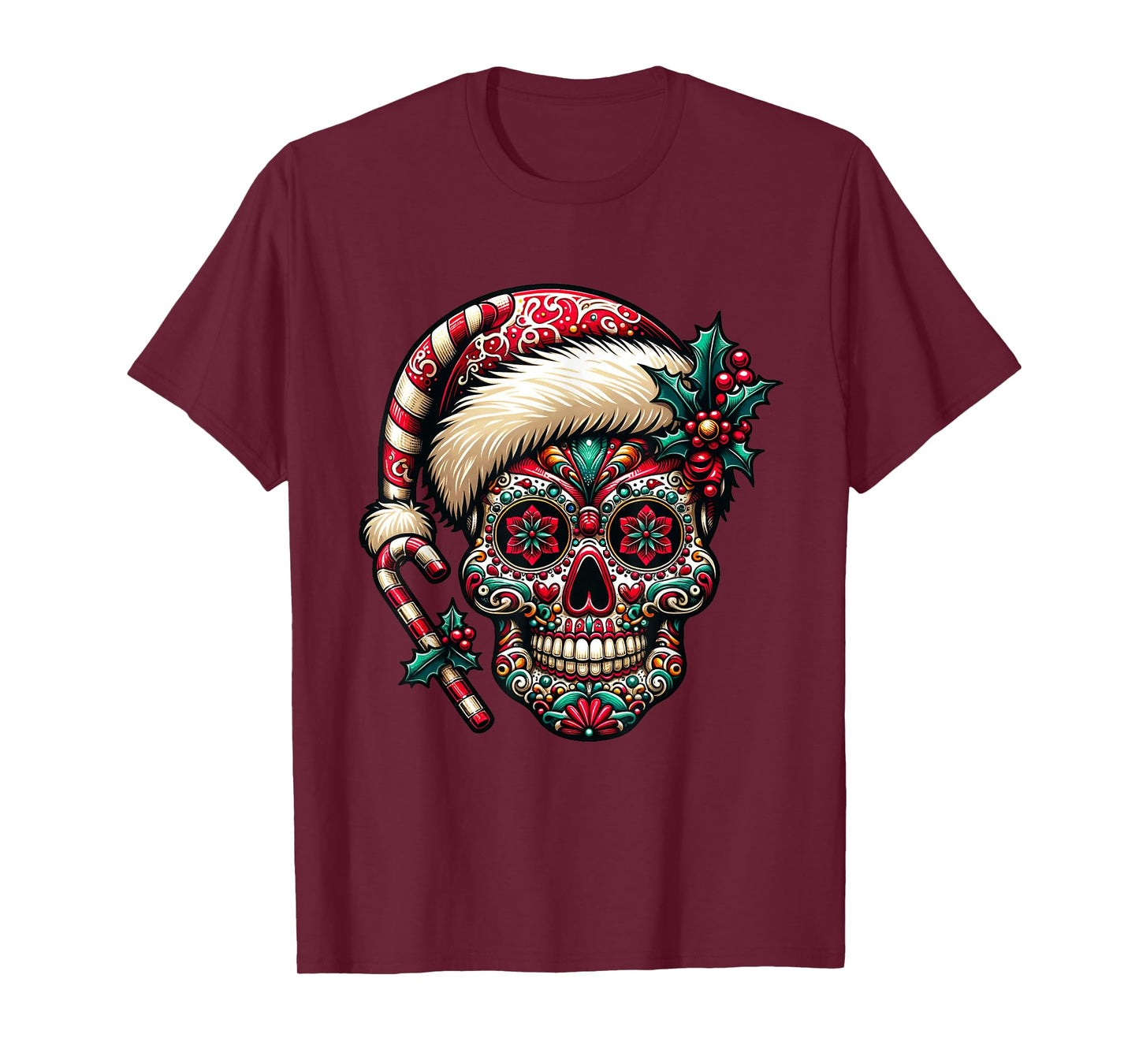 Christmas Sugar Skull Santa Hat Day Of The Dead Xmas Holiday T-Shirt