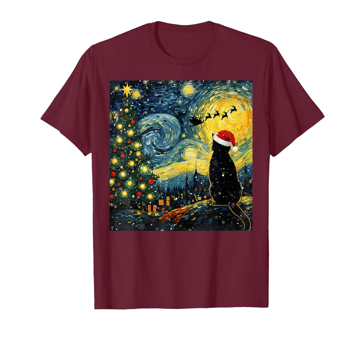 Santa Cat Starry Night Vintage Funny Christmas Vibes Art T-Shirt