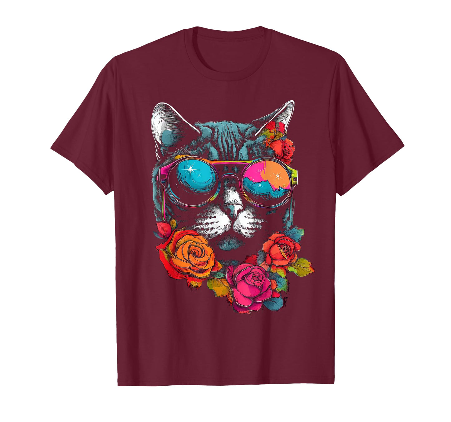Cat Lover Artwork | Sunglasses Flower Animal Motif Cat T-Shirt