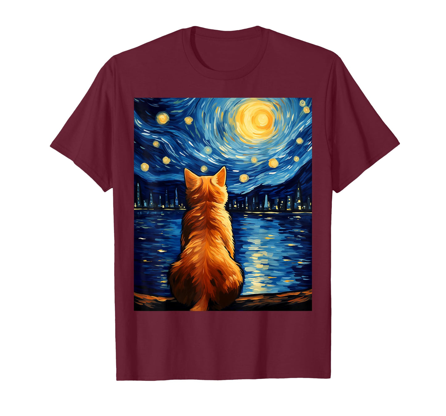 Vincent Van Gogh Starry Night Cat Funny Orange Cat Lover T-Shirt for Men Women Girls Kids