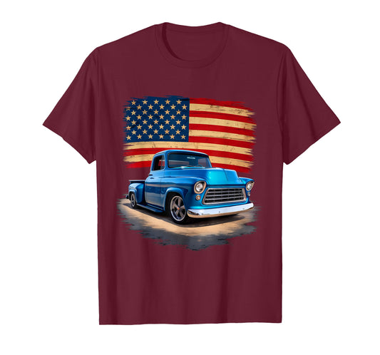 Classic Old Pickup Truck American Flag 4th of July Patriotic T-Shirt