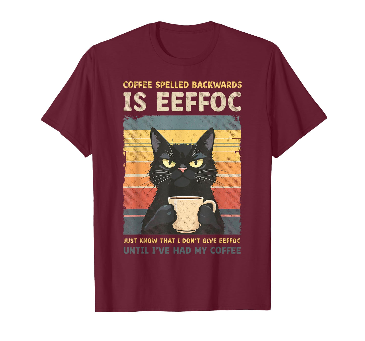 Black Cat Drinking Coffee Spelled Backwards is Effoc Joke T-Shirt