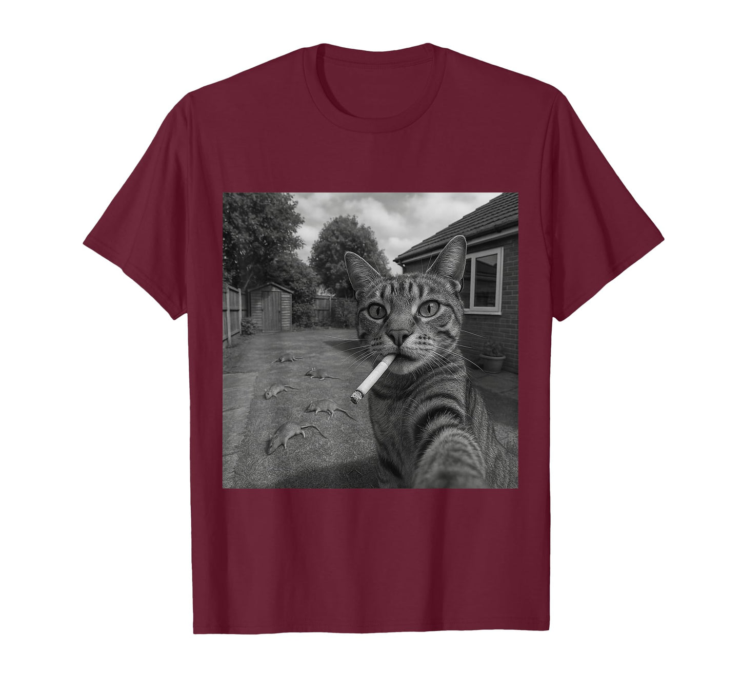 Funny Selfie Cat with Cigarette and Defeated Rats T-Shirt