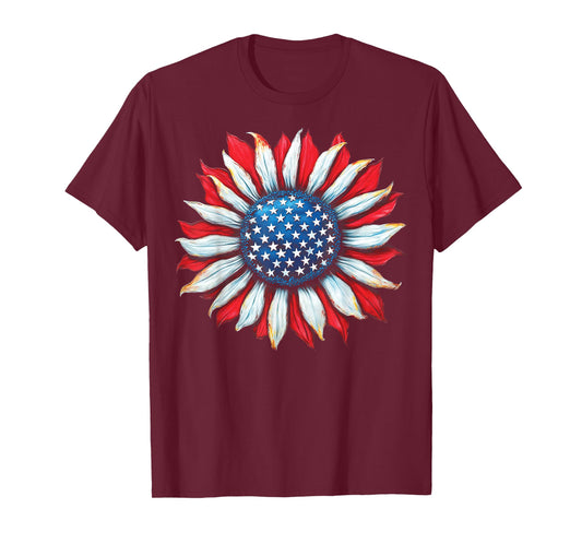 Sunflower American Flag 4th of July Women Men Merica USA T-Shirt