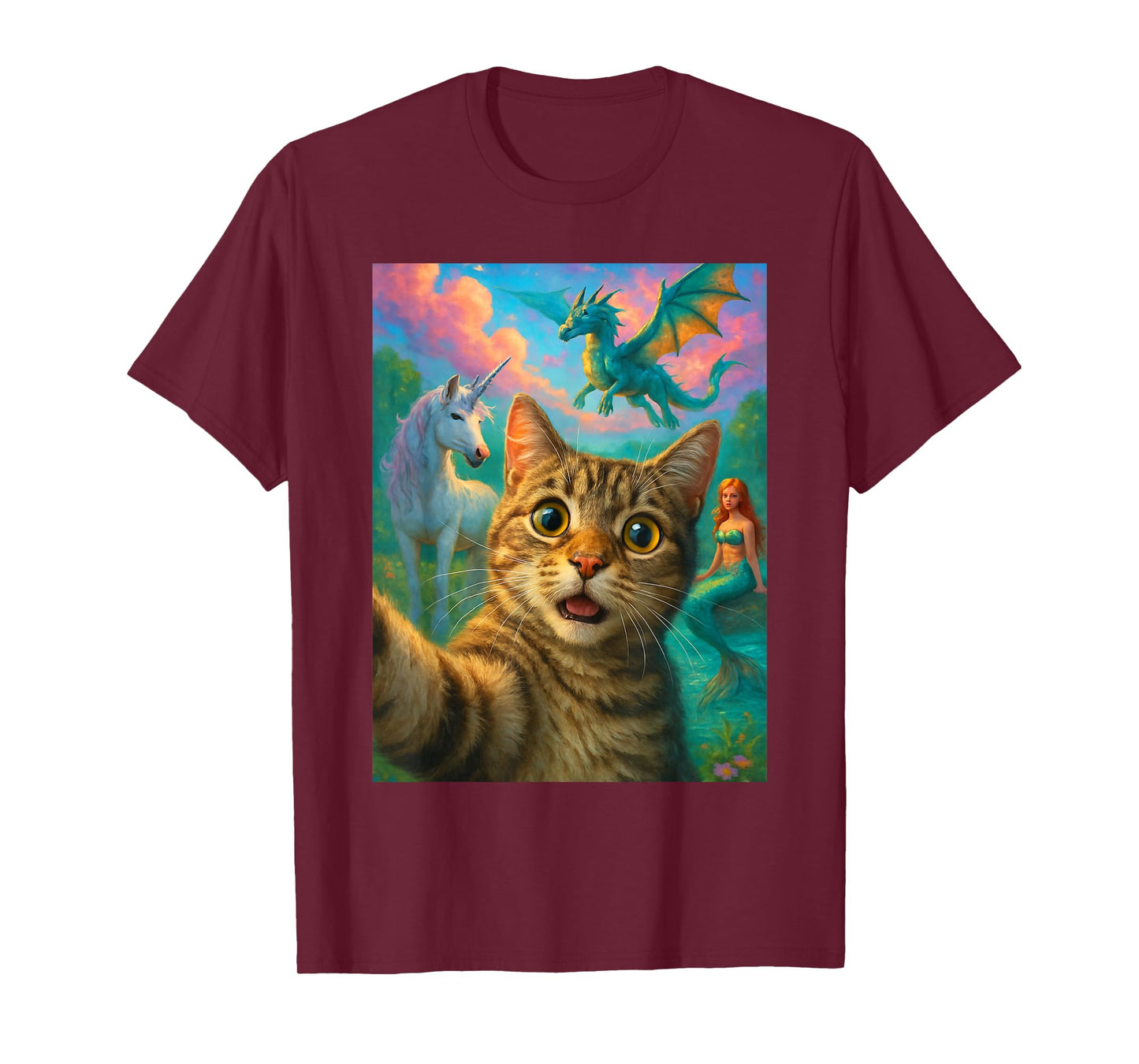 Cat Selfie with Mermaid Unicorn & Dragon Funny Meme T-Shirt