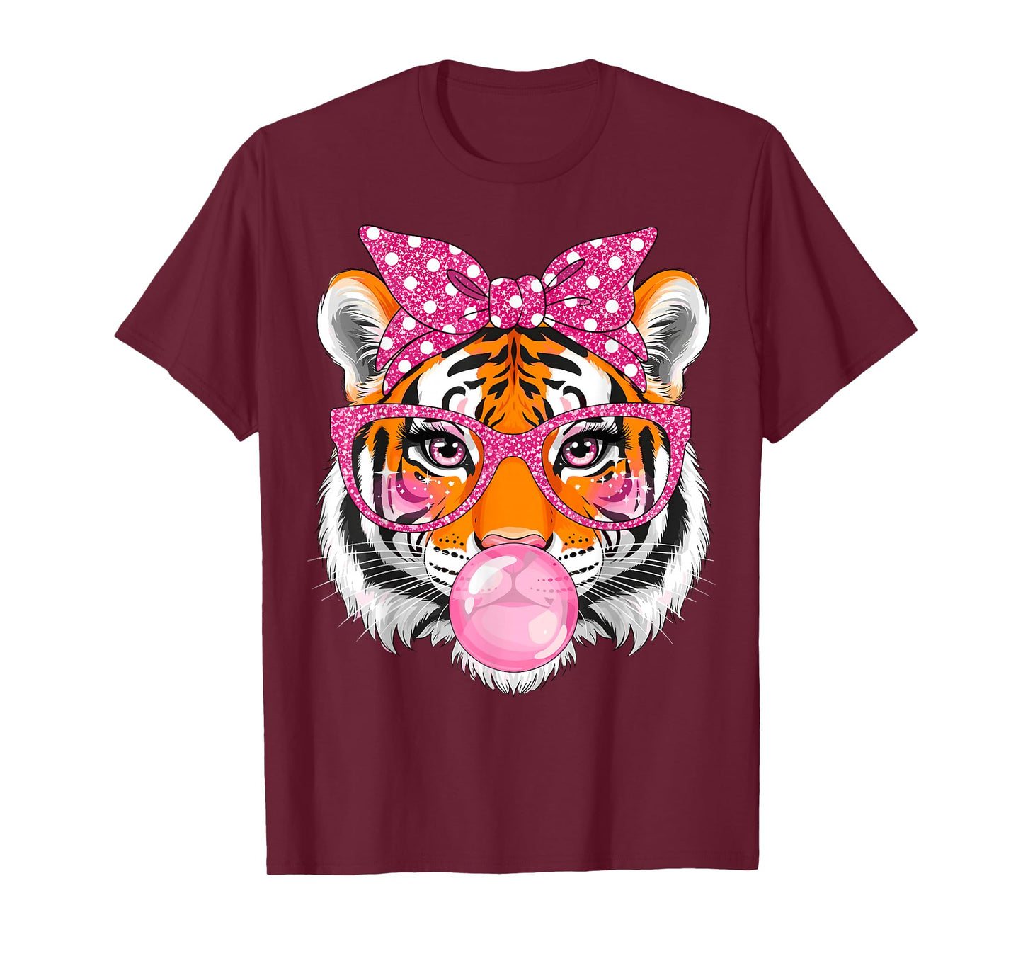 Tiger with Glasses Bubblegum and Pink Bow T-Shirt