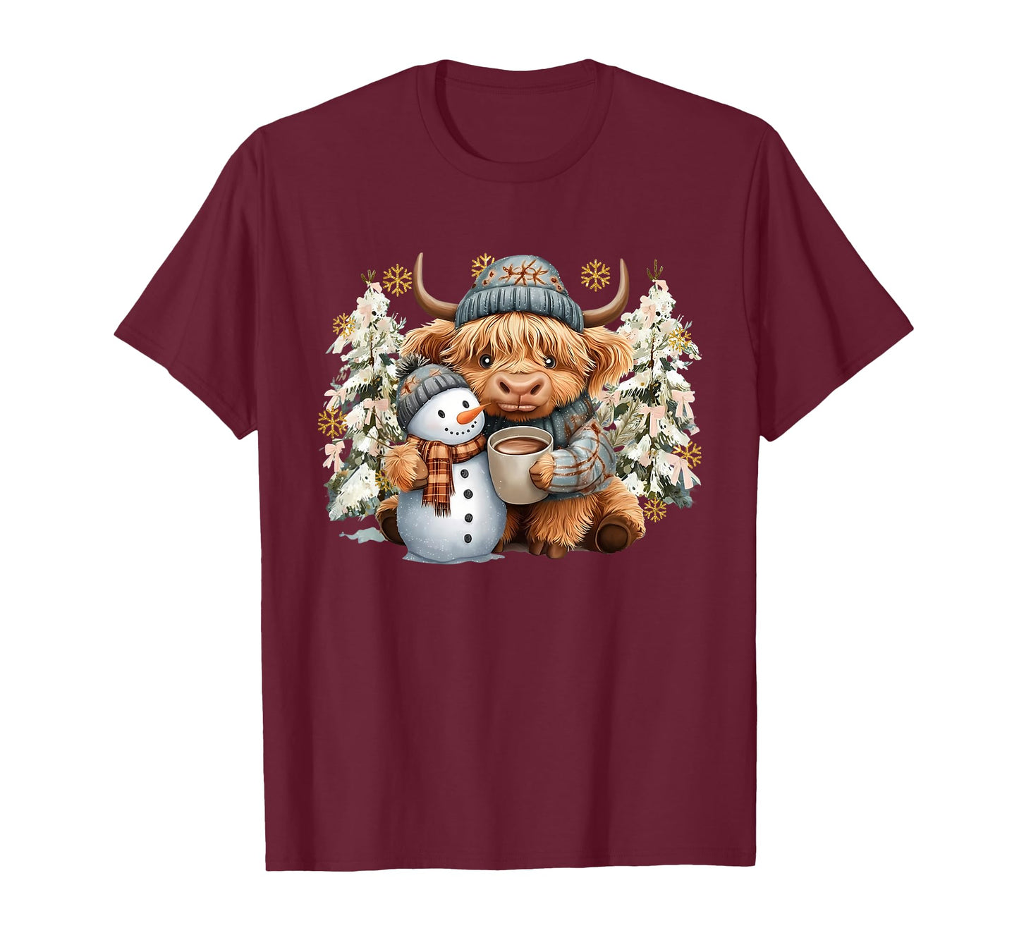 Cute Highland Cow with Snowman Hot Cocoa Christmas Trees T-Shirt