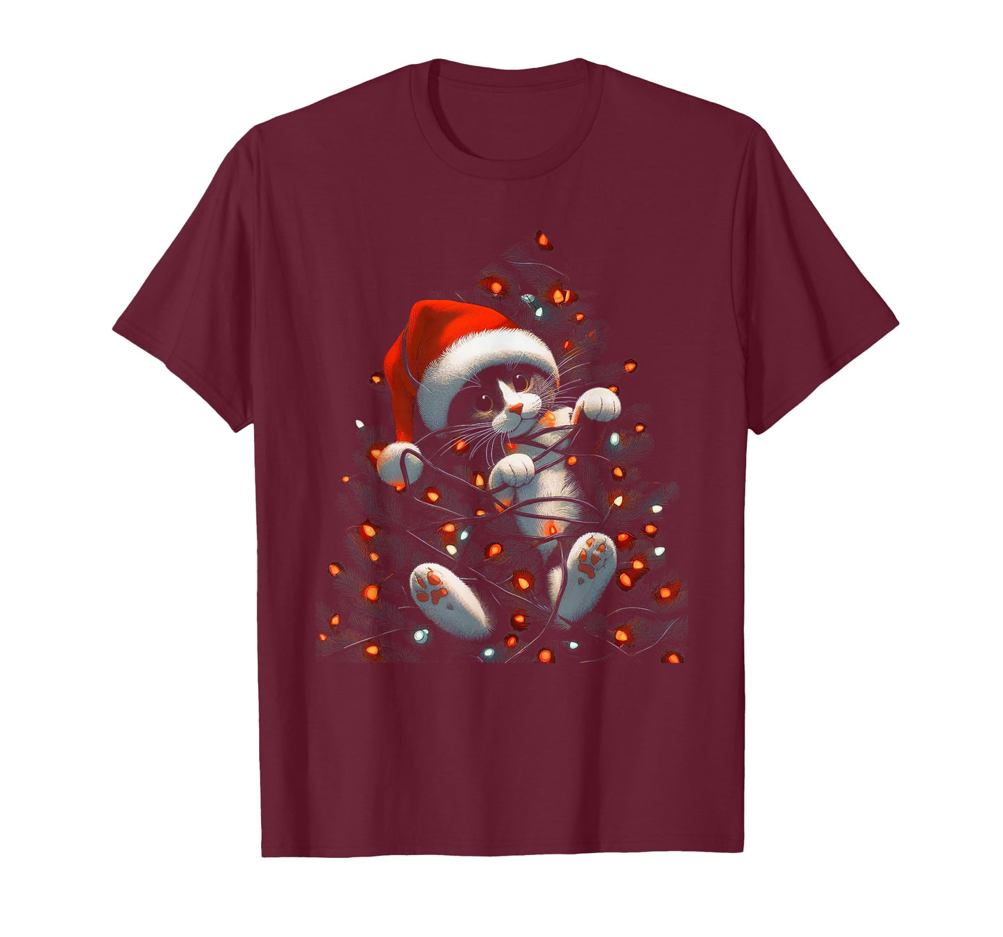 Cute Cat Tangled Up In Christmas Tree Lights Holiday T-Shirt