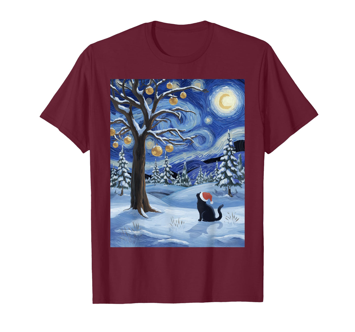 Starry Night Festive Christmas Cat Santa Winter Xmas T-Shirt for Men Women Kids