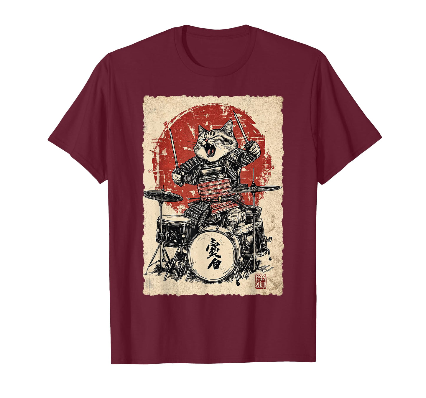 Vintage Japanese Music Samurai Cat Playing on Drum for Kids T-Shirt