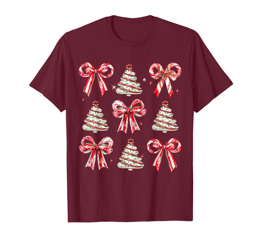 Coquette Bow Tree Cake Candy Cane Merry Christmas T-Shirt