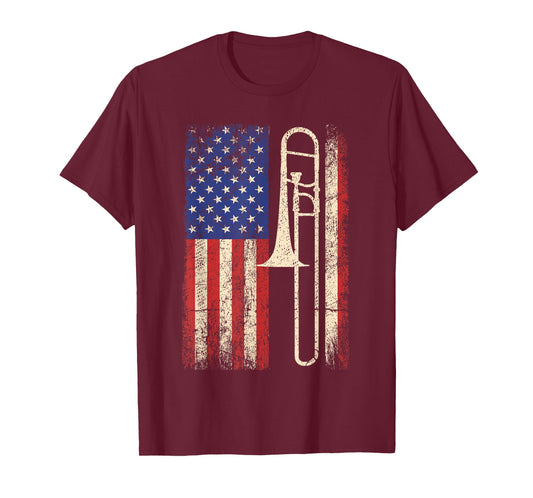 Trombone USA American Flag Shirt Jazz Music Vintage Men Tee T-Shirt
