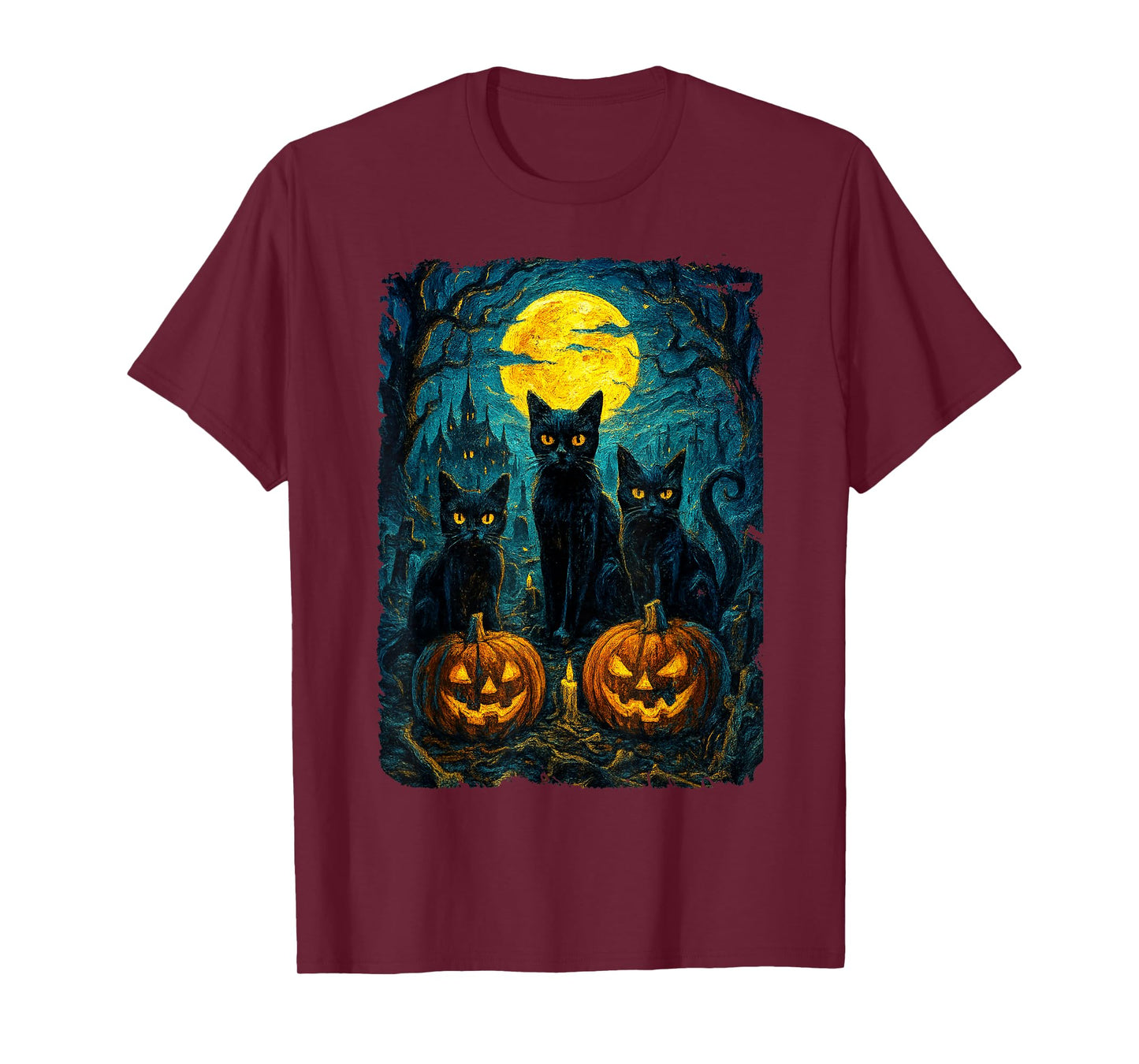 Black Cat Halloween Cat Lovers Starry Night Cat Van Gogh Cat T-Shirt