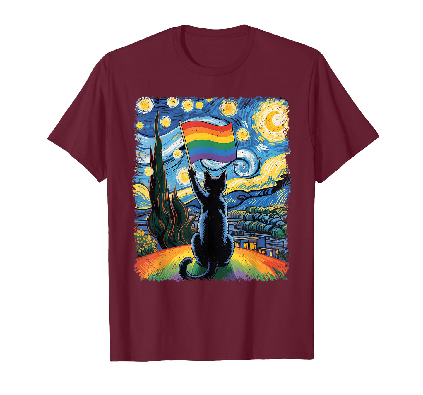 Gay Pride Cat Art Cat Starry Night Style LGBTQ Pride Support T-Shirt for Men Women