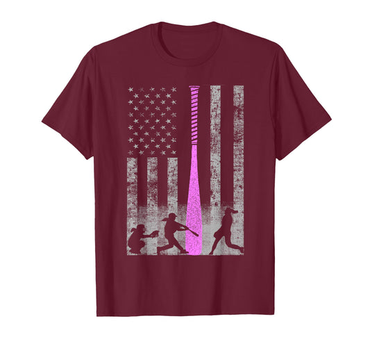American Softball Flag T-Shirt - Players and Pink Bat T-Shirt