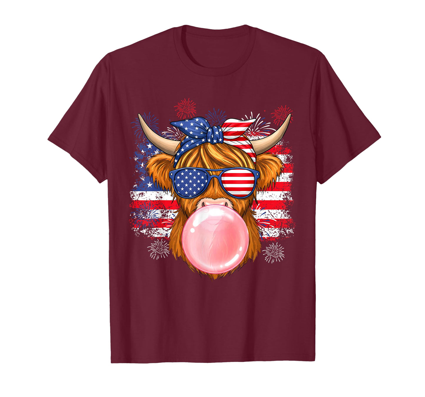Cute Highland Cow 4th of July USA Flag Patriotic Cow Farmer T-Shirt